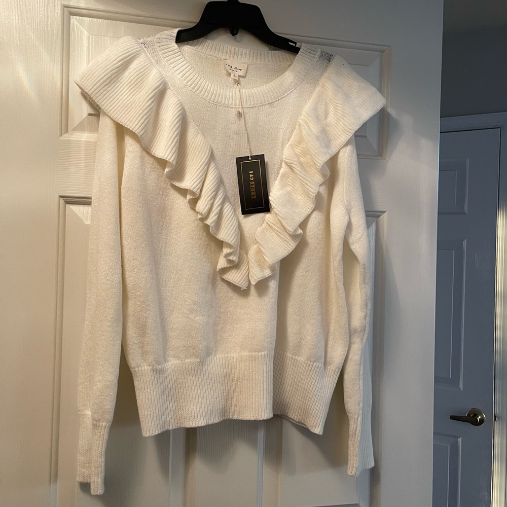 White Ruffle Front Sweater